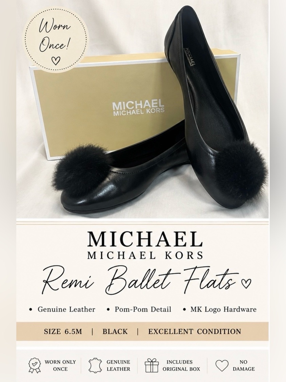 Michael Kors Remi Ballet Flats Black Leather Pom Pom Shoes Size 6.5